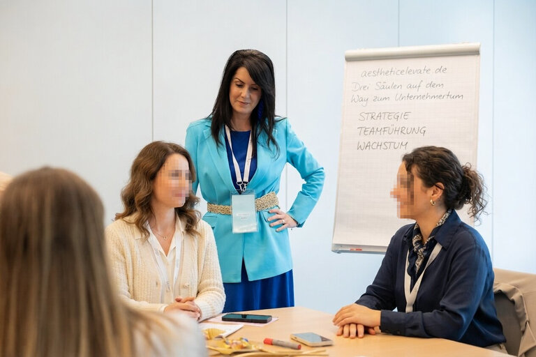 Antje Eberhardt im Strategie-Workshop mit Kosmetikinstitut-Inhaberinnen am Flipchart „Strategie, Teamführung, Wachstum“